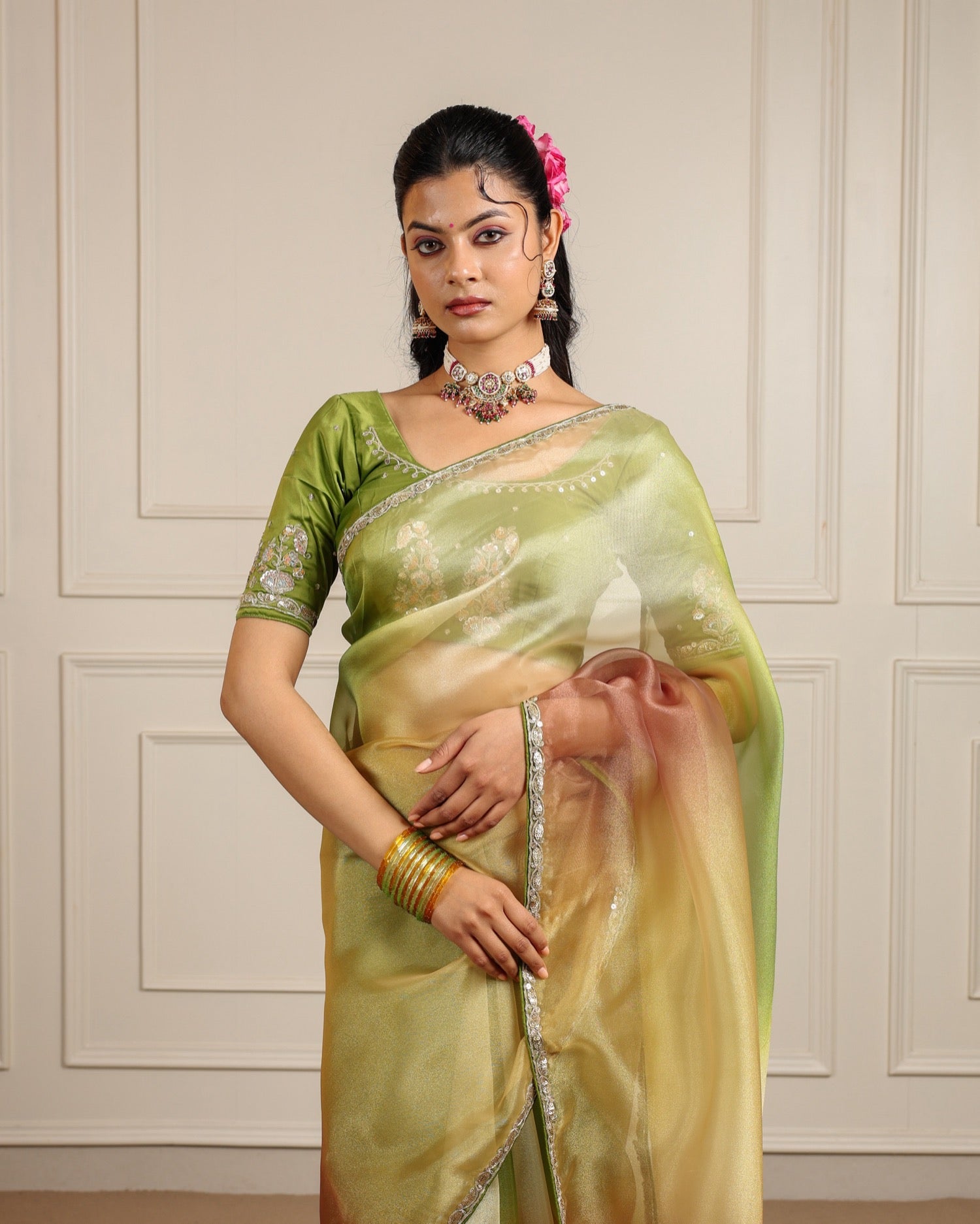 Olive Gold saree in Organza tissue